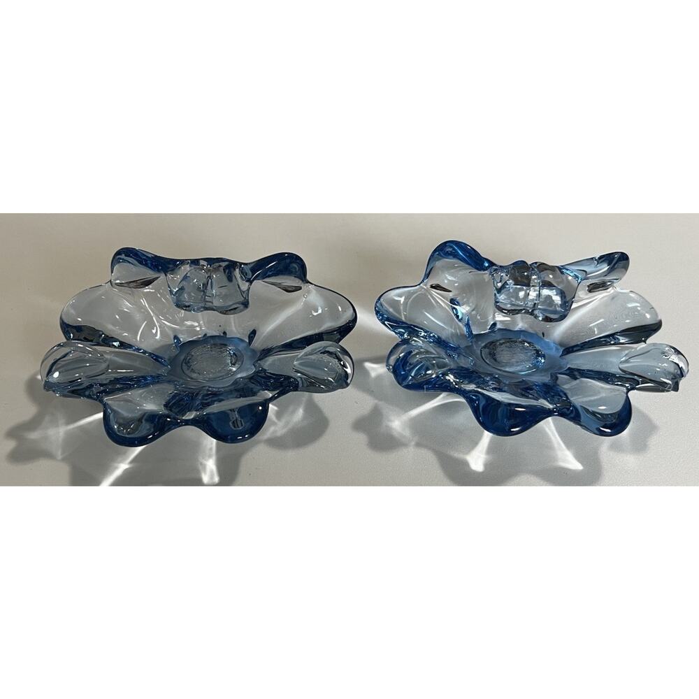 MCM Vintage ART GLASS Trinket Dish Light Blue Fluted Sides 7" lot of 2